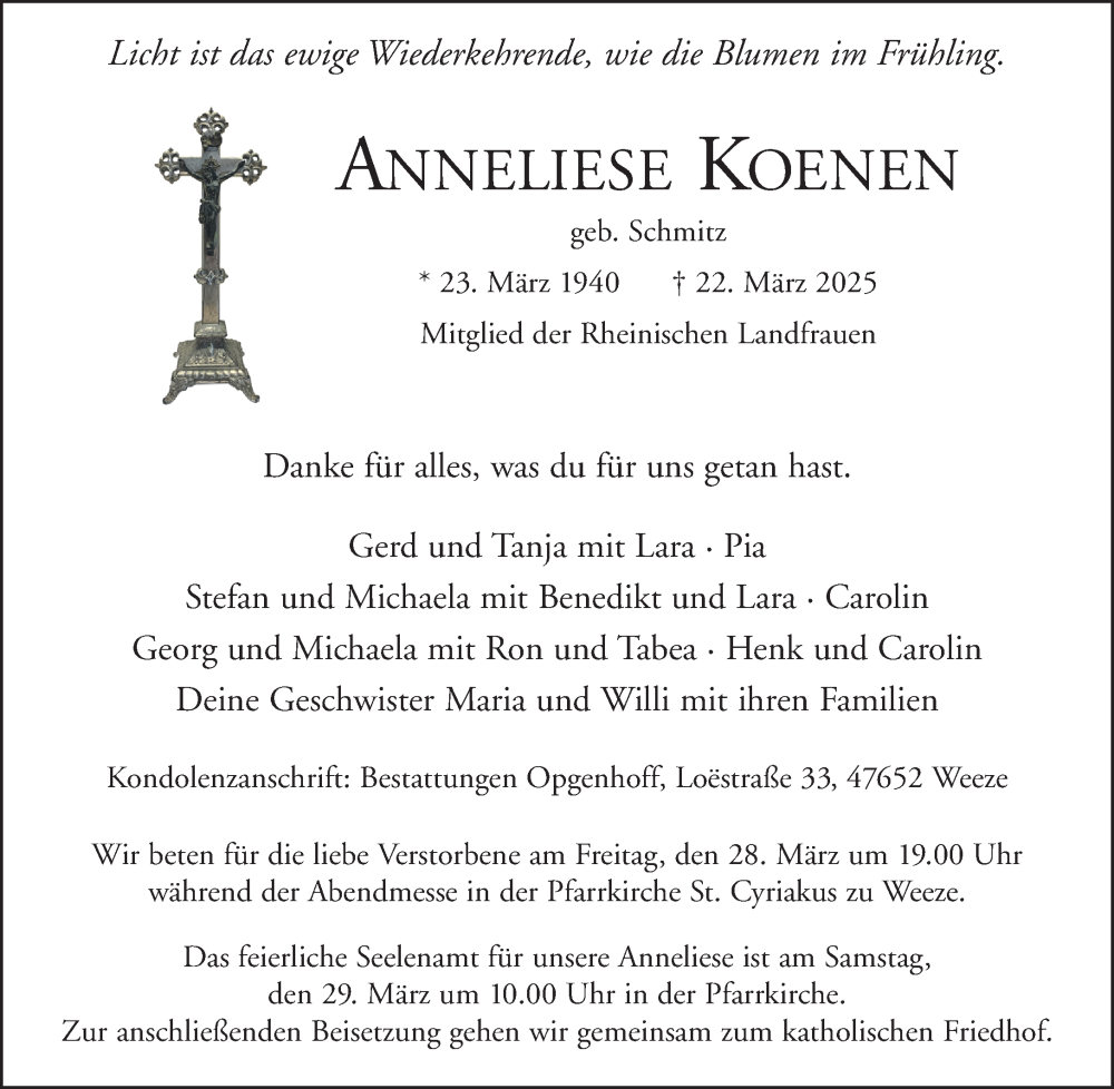  Traueranzeige für Anneliese Koenen vom 26.03.2025 aus NNA
