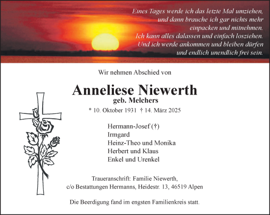 Traueranzeige von Anneliese Niewerth von NNA