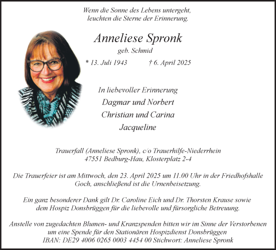Traueranzeige von Anneliese Spronk von NNA