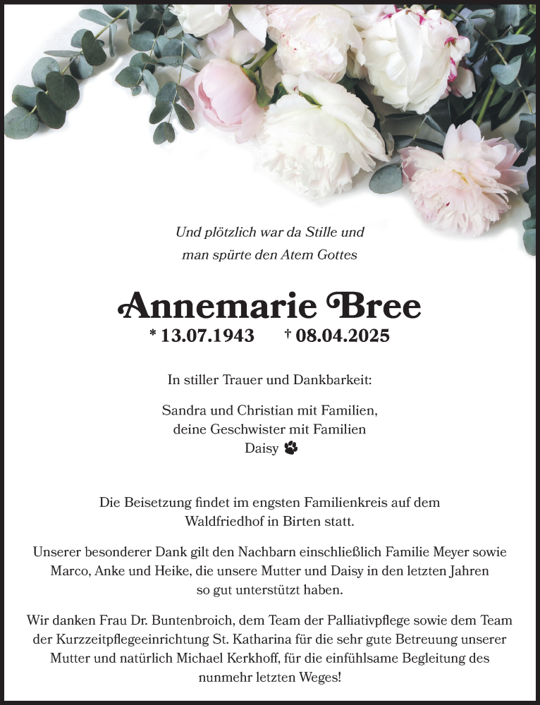  Traueranzeige für Annemarie Bree vom 19.04.2025 aus NNA