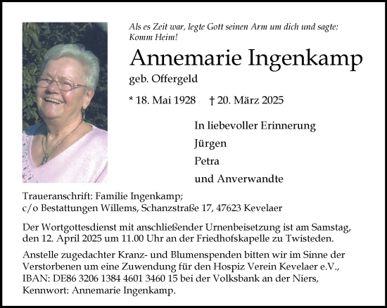 Traueranzeige von Annemarie Ingenkamp von NNA
