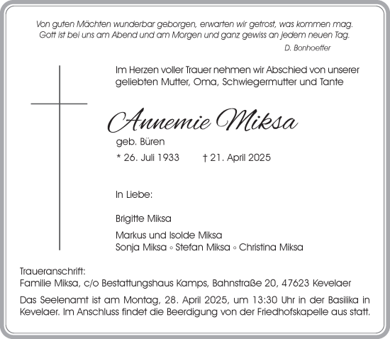 Traueranzeige von Annemie Miksa von NNA