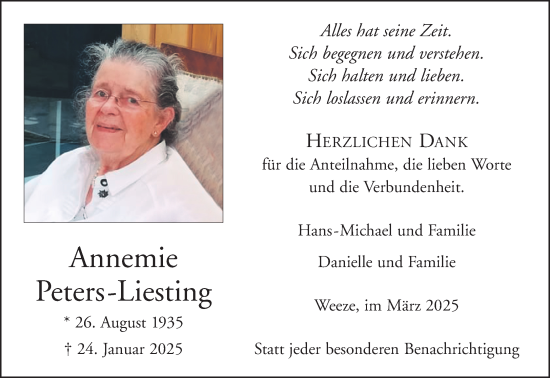 Traueranzeige von Annemie Peters-Liesting von NNA