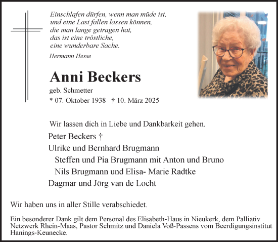 Traueranzeige von Anni Beckers von NNA