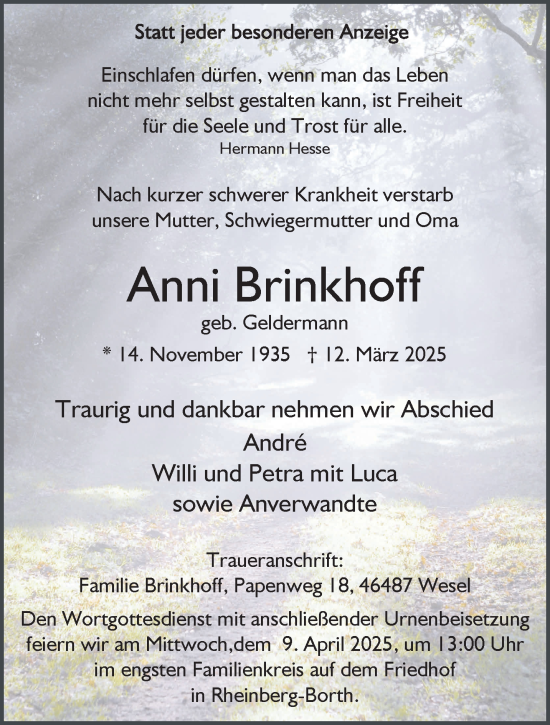 Traueranzeige von Anni Brinkhoff von NNA