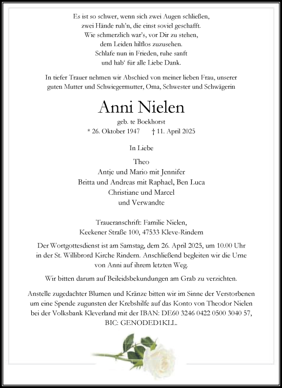 Traueranzeige von Anni Nielen von NNA