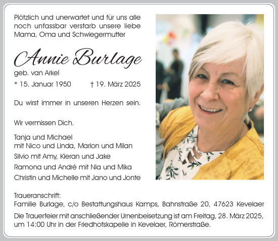 Traueranzeige von Annie Burlage von NNA