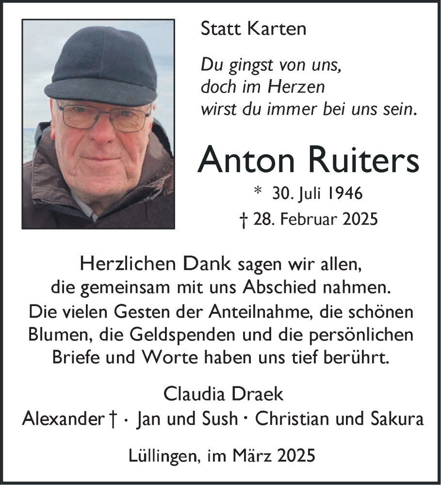  Traueranzeige für Anton Ruiters vom 22.03.2025 aus NNA