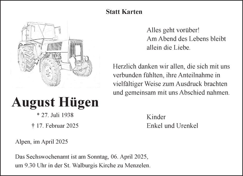  Traueranzeige für August Hügen vom 02.04.2025 aus NNA