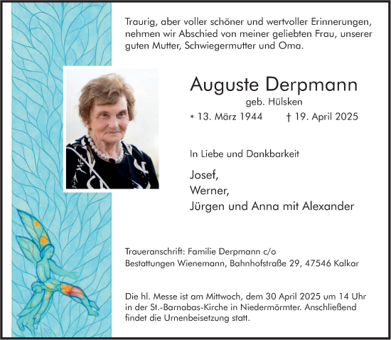 Traueranzeige von Auguste Derpmann von NNA