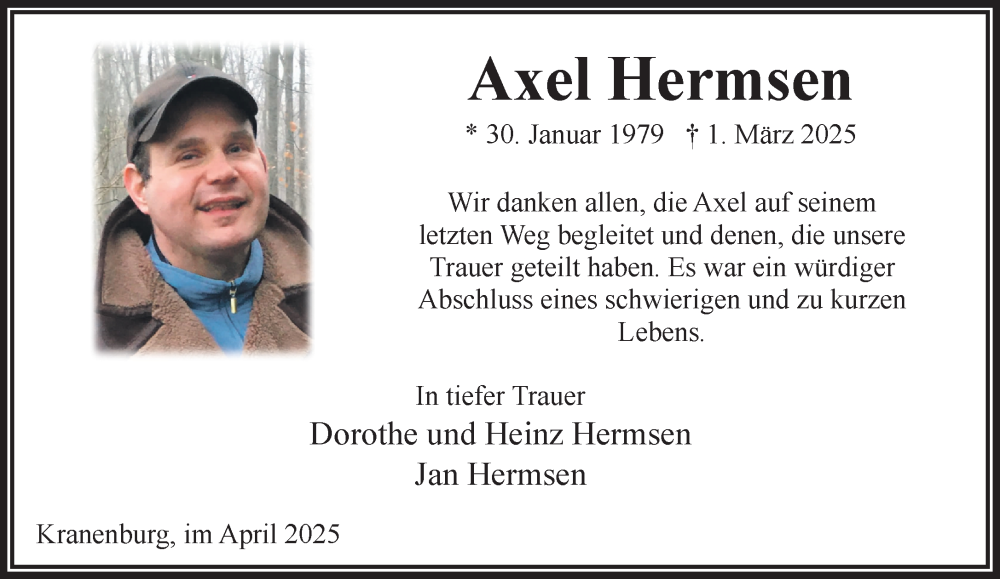  Traueranzeige für Axel Hermsen vom 05.04.2025 aus NNA