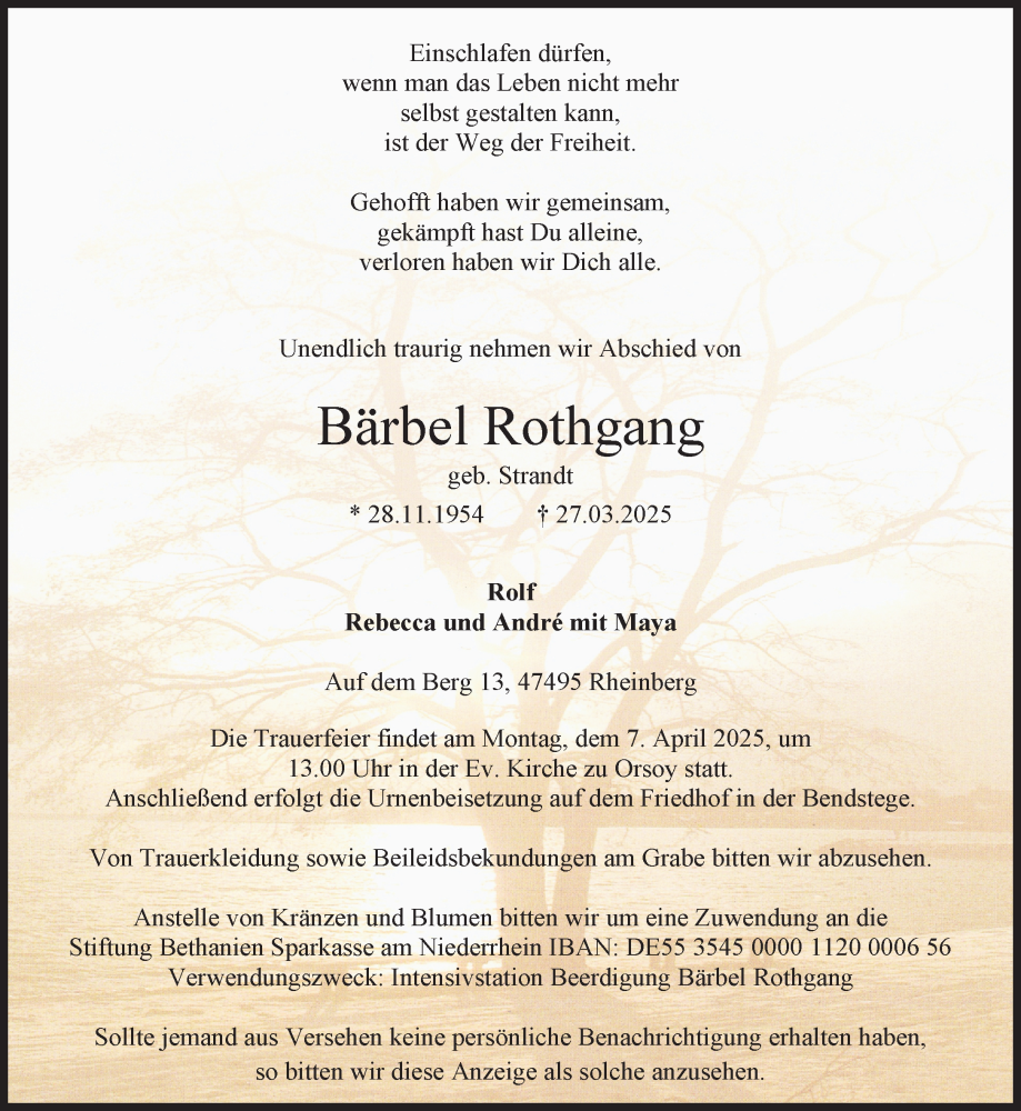  Traueranzeige für Bärbel Rothgang vom 02.04.2025 aus NNA