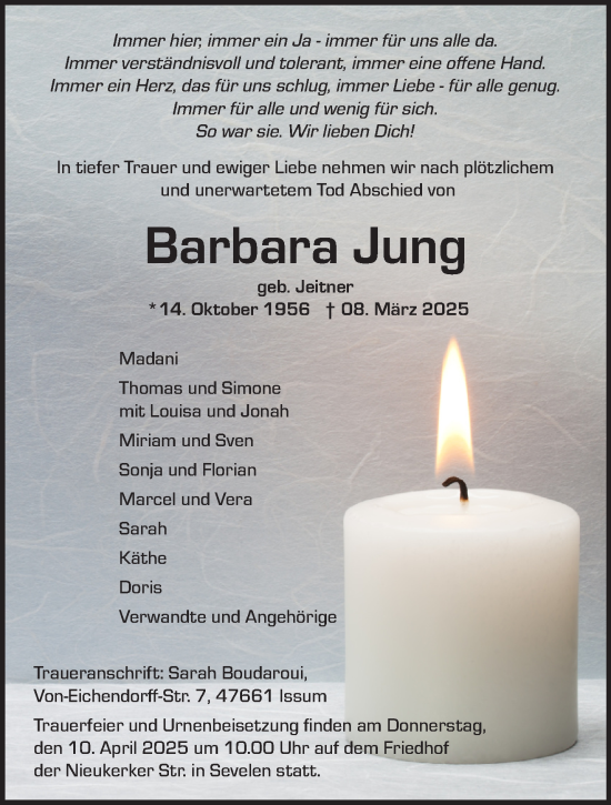 Traueranzeige von Barbara Jung von NNA