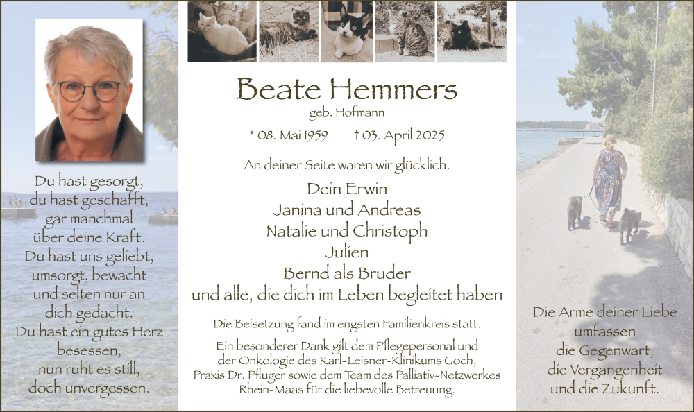  Traueranzeige für Beate Hemmers vom 19.04.2025 aus NNA