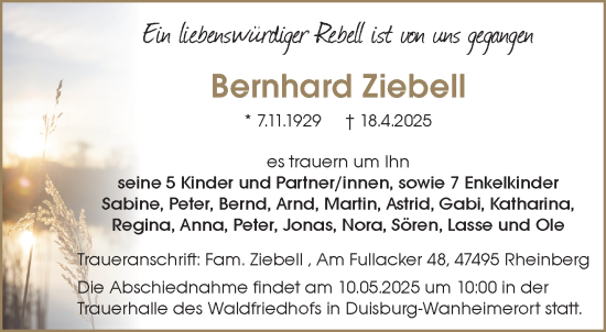 Traueranzeige von Bernhard Ziebell von NNA
