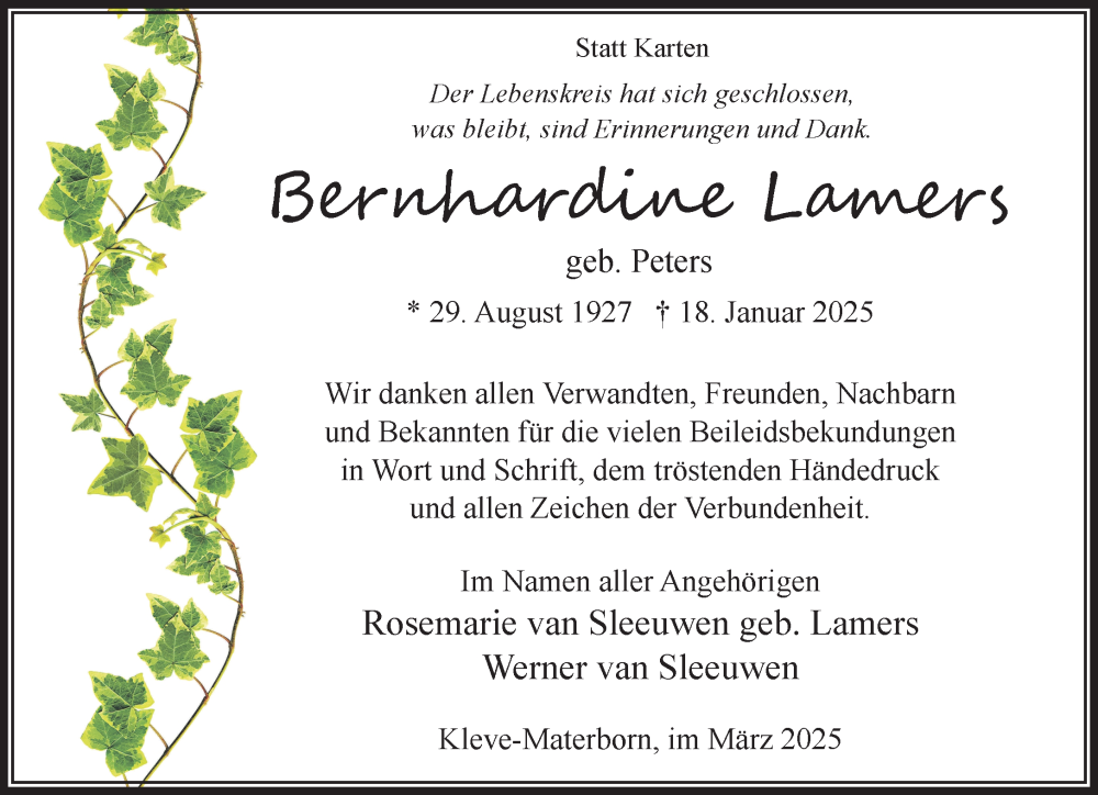  Traueranzeige für Bernhardine Lamers vom 29.03.2025 aus NNA