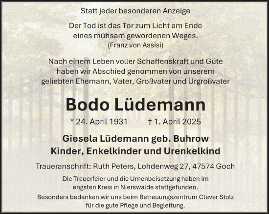 Traueranzeige von Bodo Lüdemann von NNA