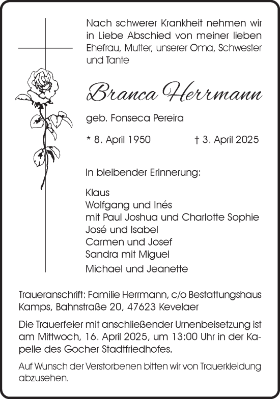 Traueranzeige von Branca Herrmann von NNA