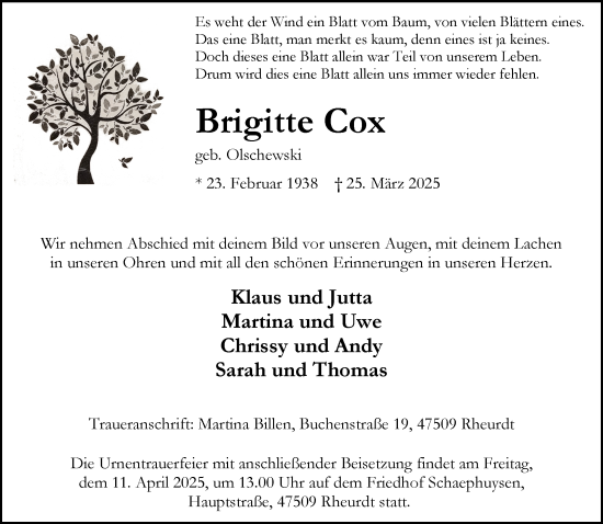 Traueranzeige von Brigitte Cox von NNA