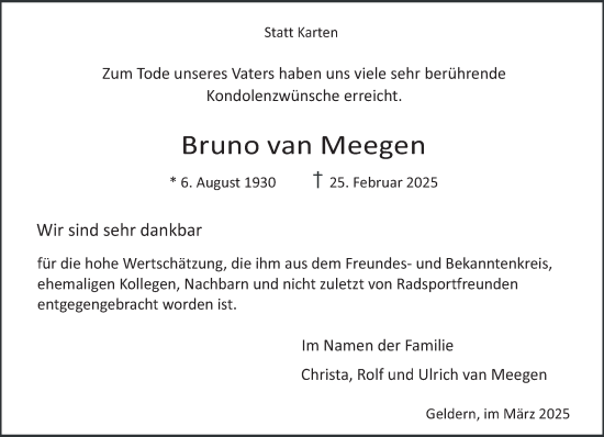 Traueranzeige von Bruno van Meegen von NNA