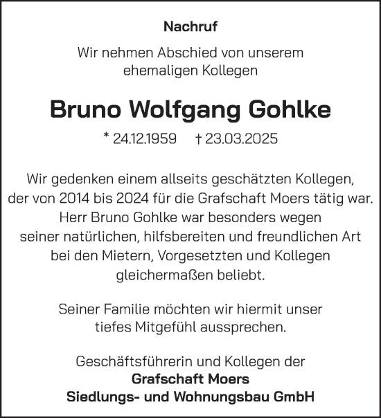 Traueranzeige von Bruno Wolfgang Gohlke von NNA