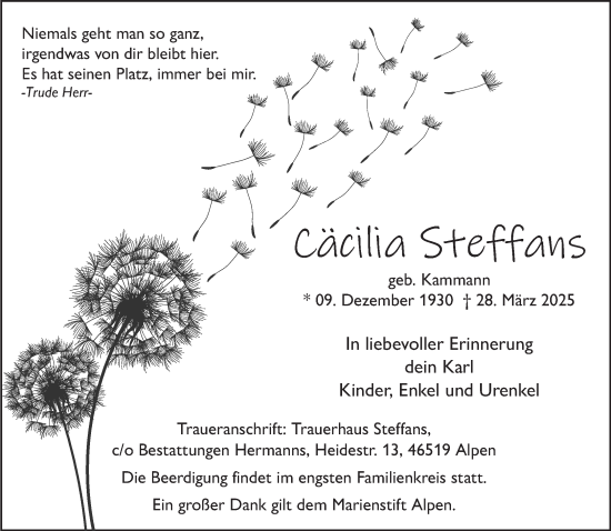 Traueranzeige von Cäcilia Steffans von NNA