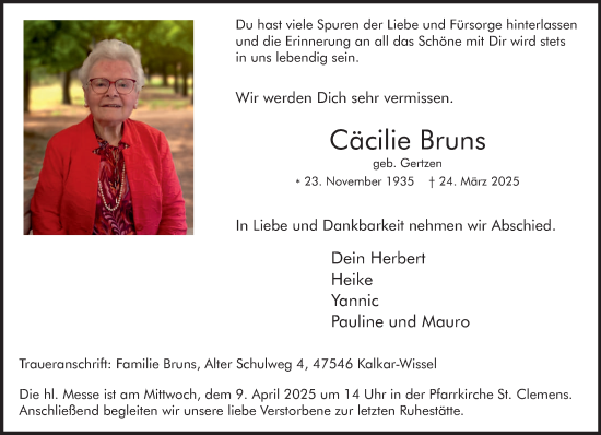 Traueranzeige von Cäcilie Bruns von NNA