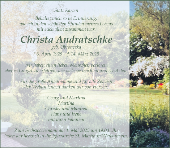 Traueranzeige von Christa Andratschke von NNA