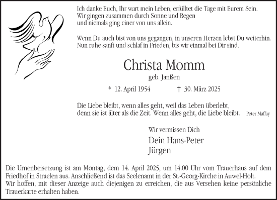 Traueranzeige von Christa Momm von NNA