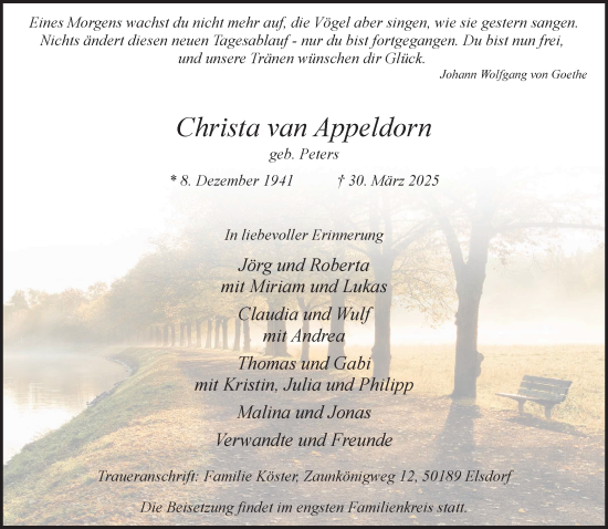 Traueranzeige von Christa van Appeldorn von NNA