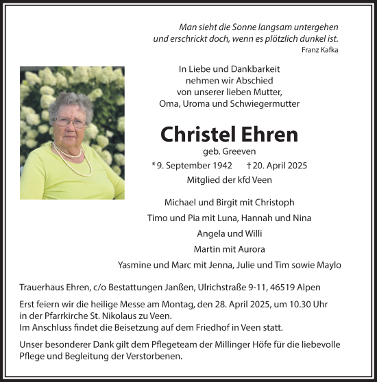 Traueranzeige von Christel Ehren von NNA