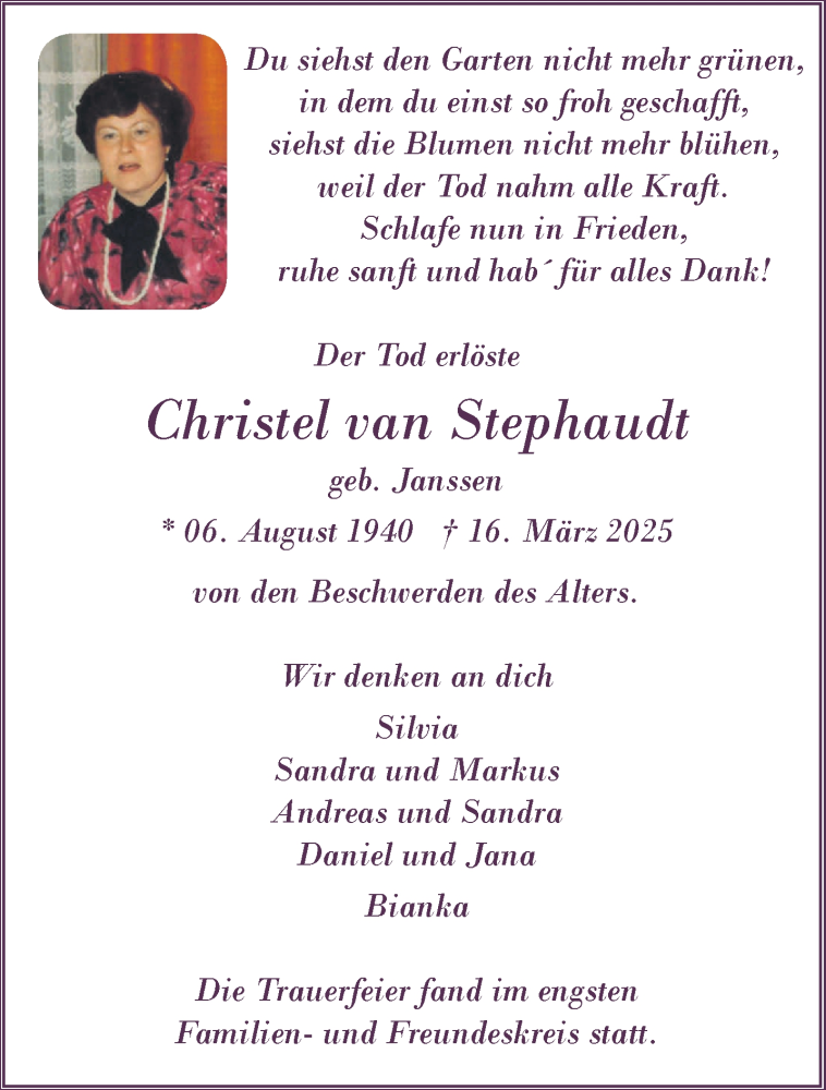  Traueranzeige für Christel van Stephaudt vom 05.04.2025 aus NNA