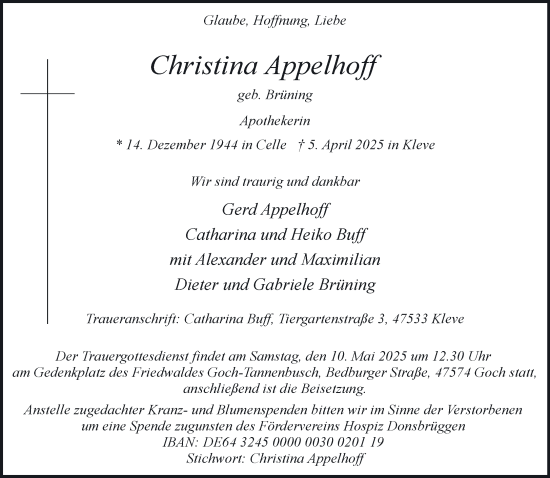 Traueranzeige von Christina Appelhoff von NNA