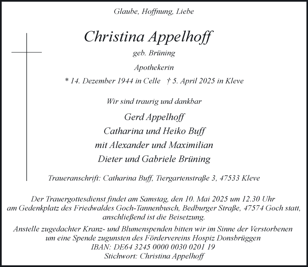  Traueranzeige für Christina Appelhoff vom 12.04.2025 aus NNA