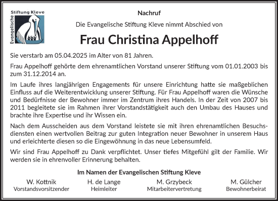 Traueranzeige von Christina Appelhoff von NNA