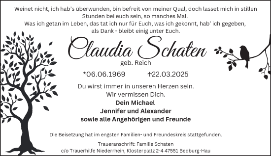 Traueranzeige von Claudia Schaten von NNA