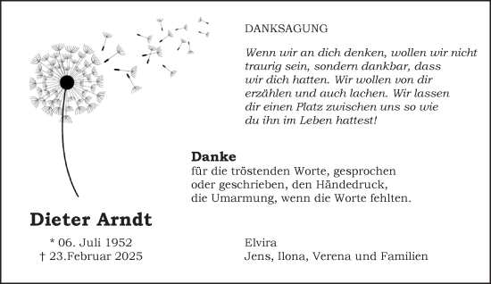 Traueranzeige von Dieter Arndt von NNA