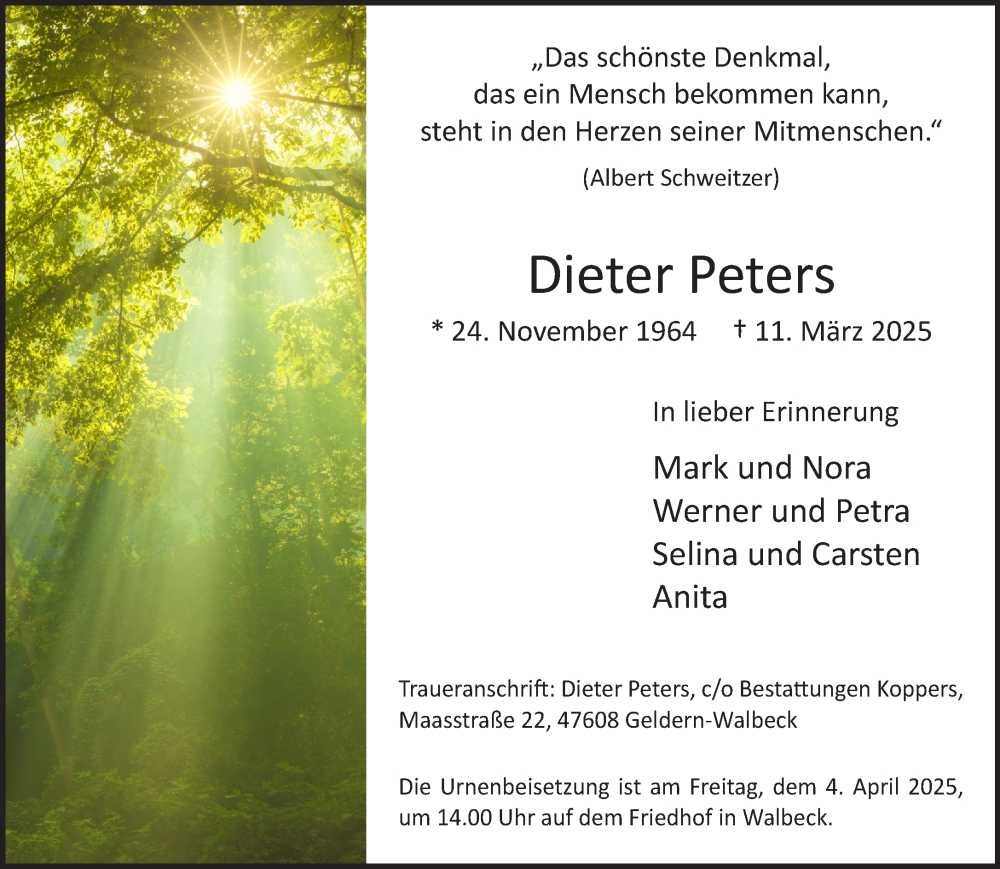  Traueranzeige für Dieter Peters vom 29.03.2025 aus NNA