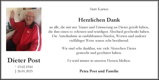 Traueranzeige von Dieter Post von NNA