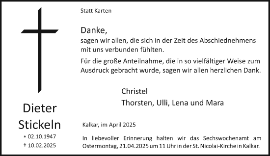 Traueranzeige von Dieter Stickeln von NNA