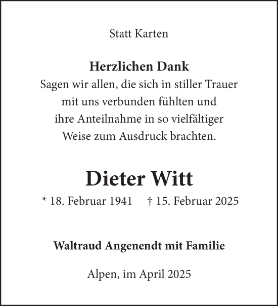 Traueranzeige von Dieter Witt von NNA