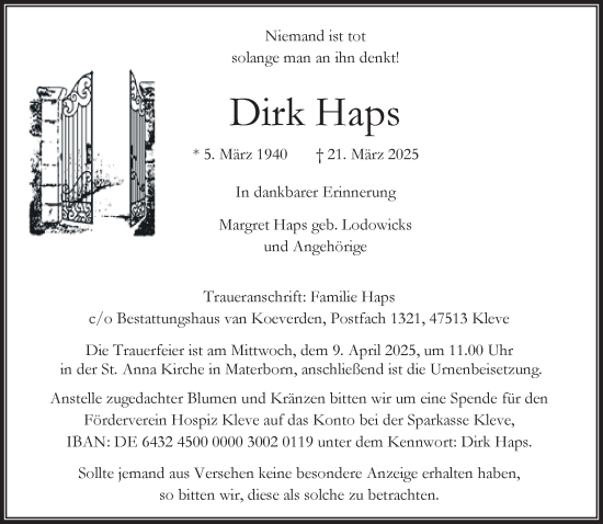 Traueranzeige von Dirk Haps von NNA