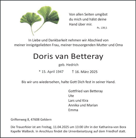 Traueranzeige von Doris van Betteray von NNA