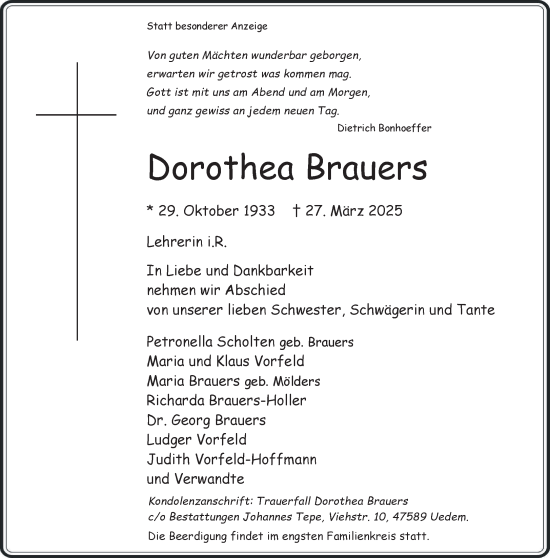 Traueranzeige von Dorothea Brauers von NNA
