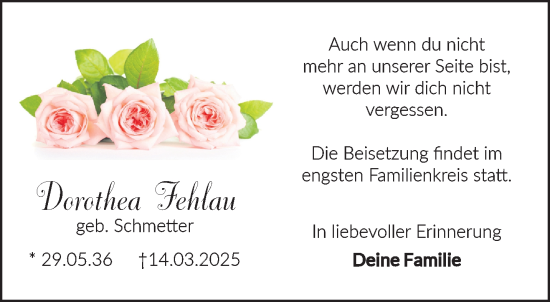 Traueranzeige von Dorothea Fehlau von NNA