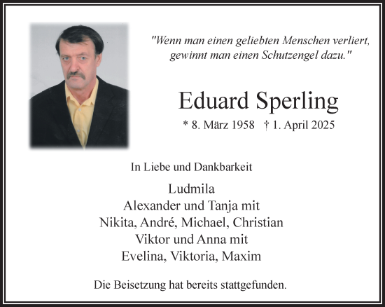Traueranzeige von Eduard Sperling von NNA