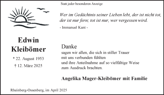 Traueranzeige von Edwin Kleibömer von NNA
