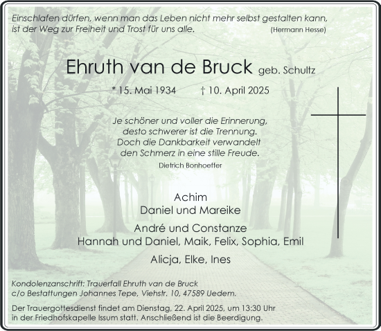 Traueranzeige von Ehruth van de Bruck von NNA