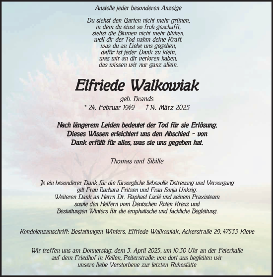 Traueranzeige von Elfriede Walkowiak von NNA