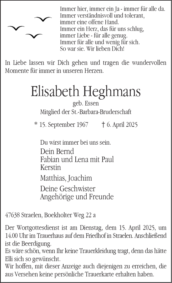 Traueranzeige von Elisabeth Heghmans von NNA